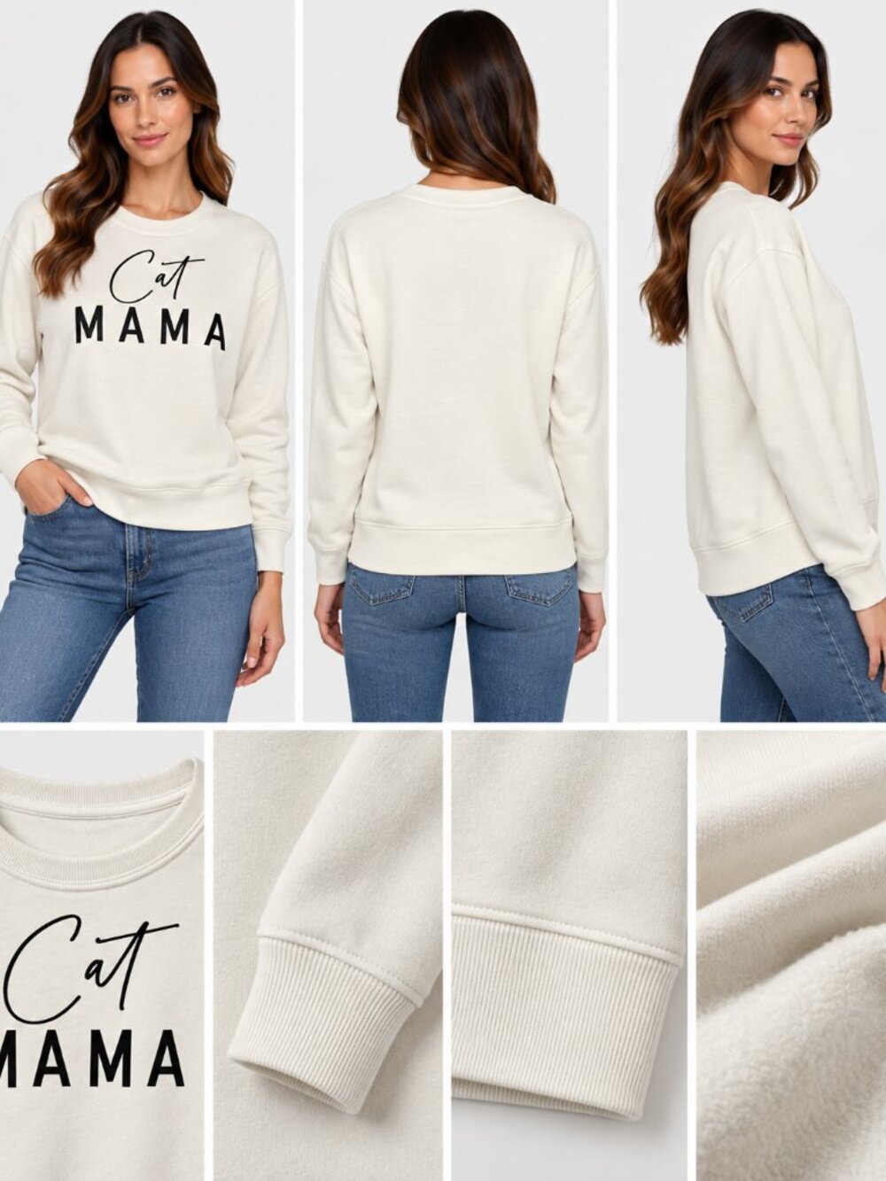 FAWN Cat Mama Ivory Graphic Fleece Crewneck Sweatshirt Size S